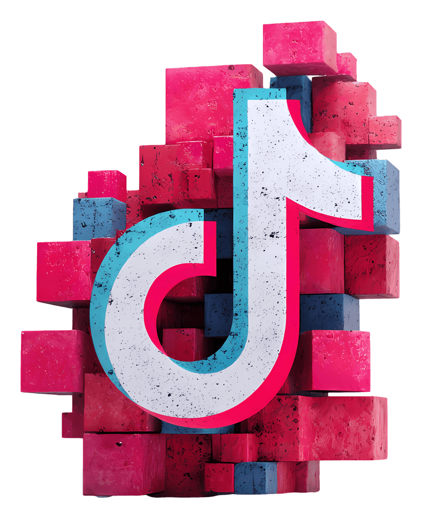 TikTok logo symbol featuring a white musical note with cyan and red chromatic aberration on a transparent base.