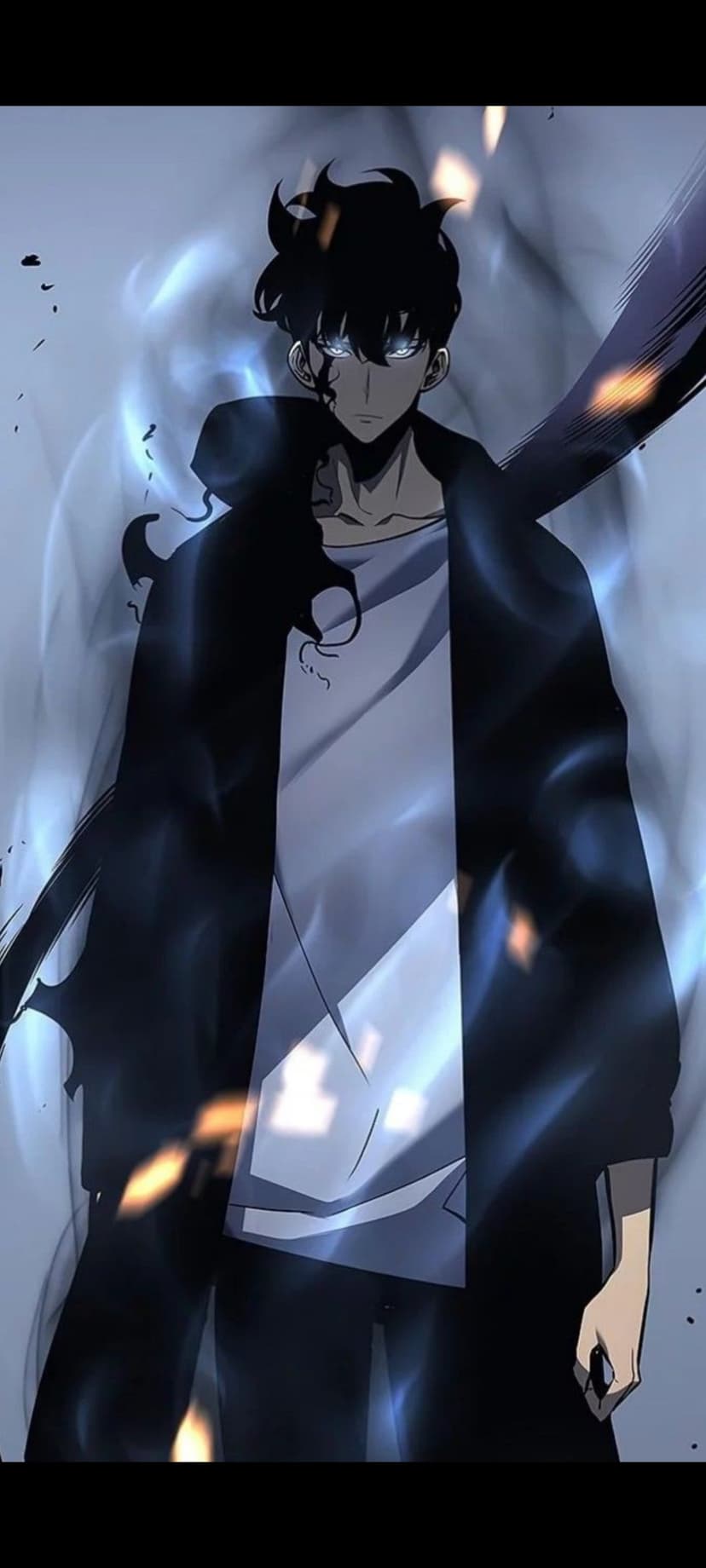 Sung Jinwoo stares forward with glowing blue eyes as dark energy wisps surround him in a menacing portrait view.
