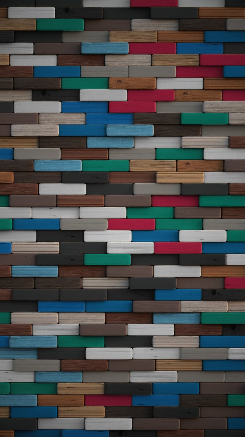 Staggered wooden blocks in vibrant blue, red, and green tones display natural grain textures in a vertical mosaic.