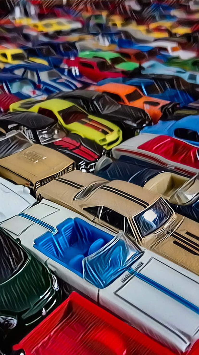 Colorful die-cast model cars packed together with glossy finishes and intricate automotive design details.