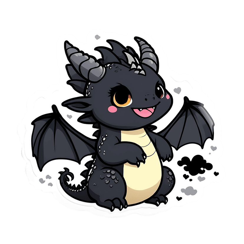 Charcoal dragon sticker illustration featuring orange eyes, yellow belly, bat wings, and a thick white outline.