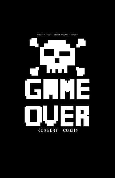 Pixelated "Game Over" Skull Screen with Insert Coin