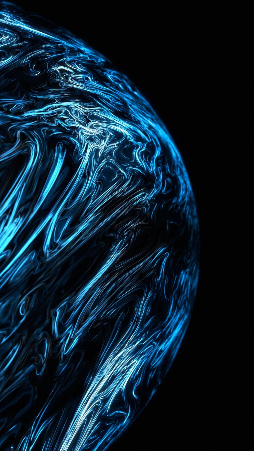 Glowing blue swirls encircle a dark spherical object against a solid black background with depth and shadow.