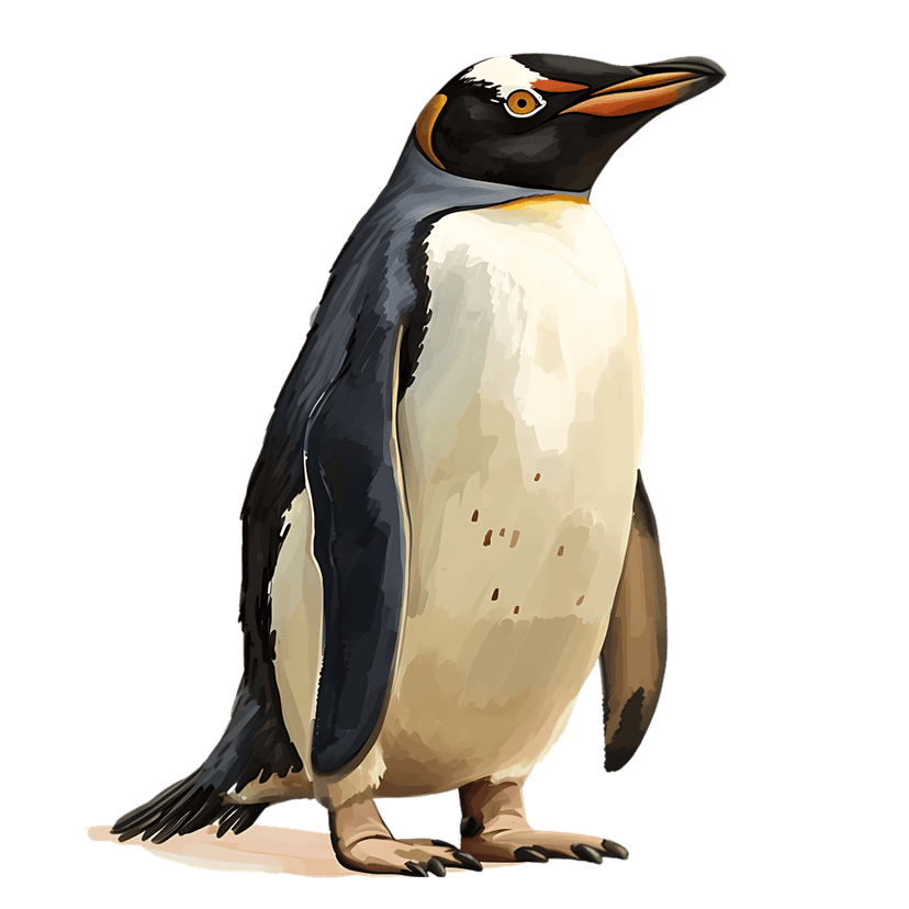 Royal penguin portrait with orange beak and yellow crest markings standing against a solid black background.