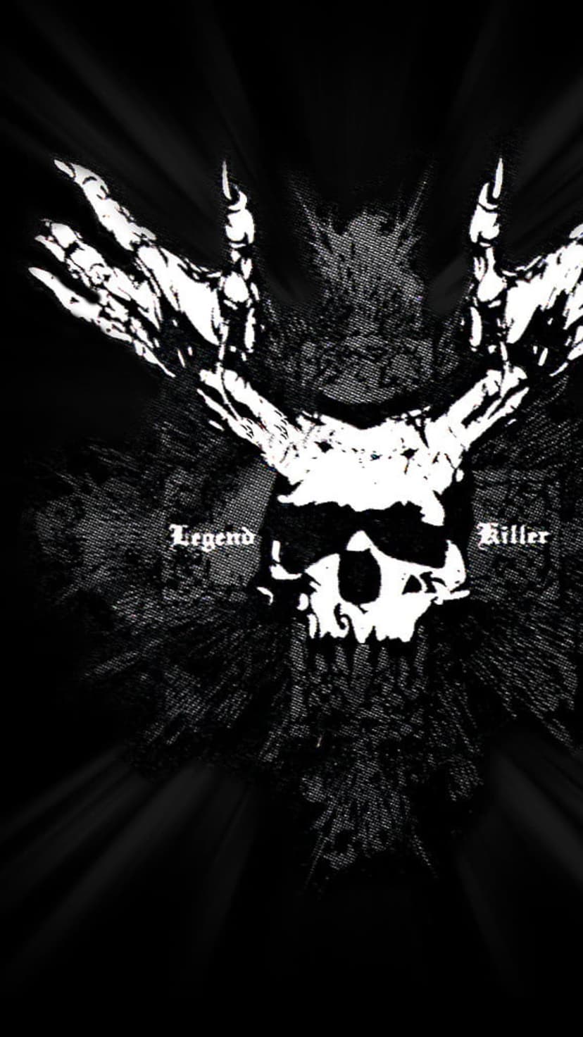 Menacing skull with antlers and claws features Legend Killer text on the jaw in a high-contrast style.