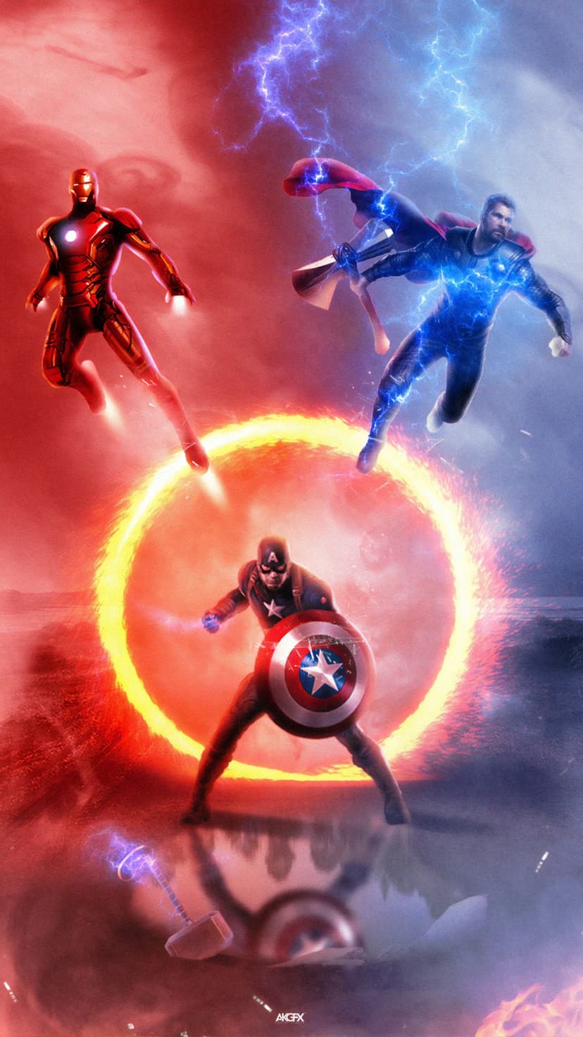 Iron Man, Thor with lightning, and Captain America stand by a glowing portal in a cosmic battle scene.
