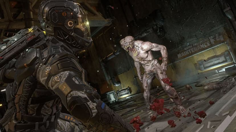 Armored soldier in futuristic suit facing a mutated monster in a dark industrial maintenance facility corridor.