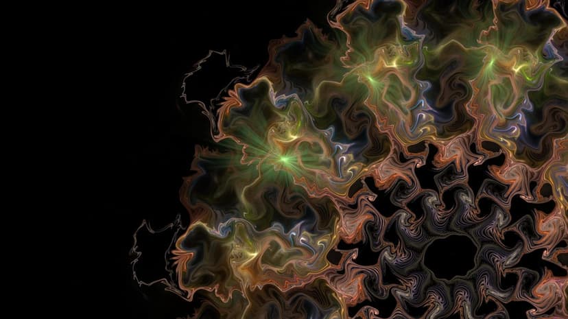 Glowing golden and green fractal spirals shaped like a blooming flower against a solid dark black background.
