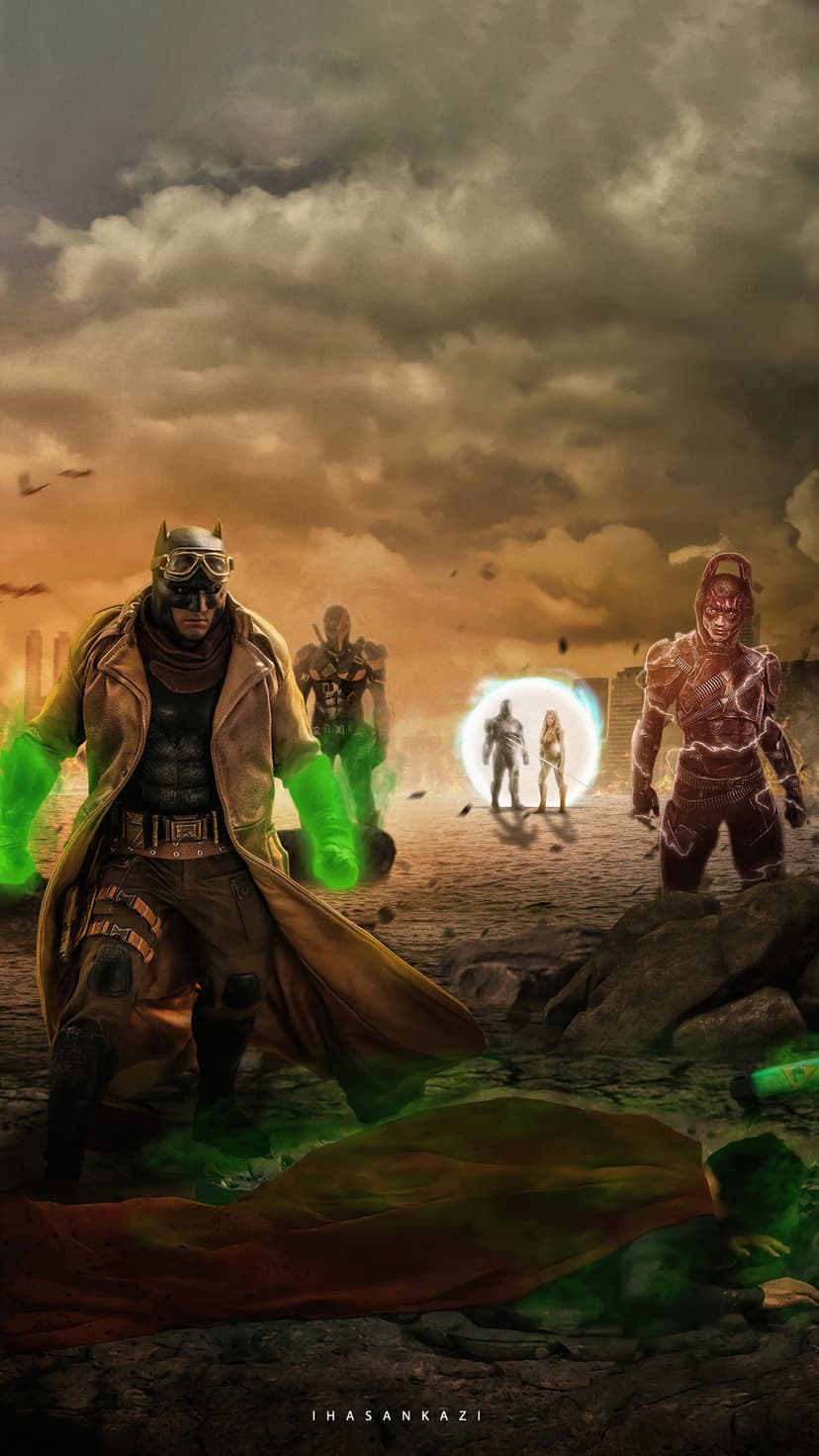 Steampunk Batman with glowing green hands stands before a fiery sky and a portal with armored silhouettes.