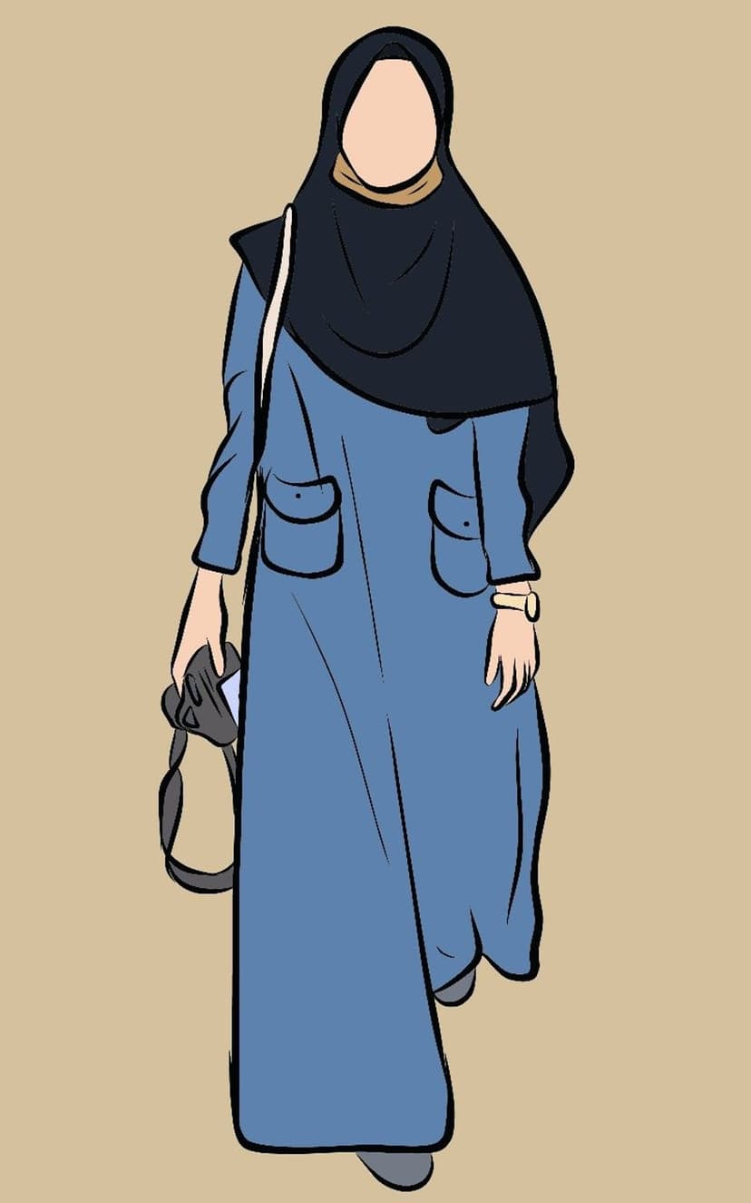 Woman in a blue abaya with large pockets and a black hijab walking while holding a dark bag and gold bracelet.