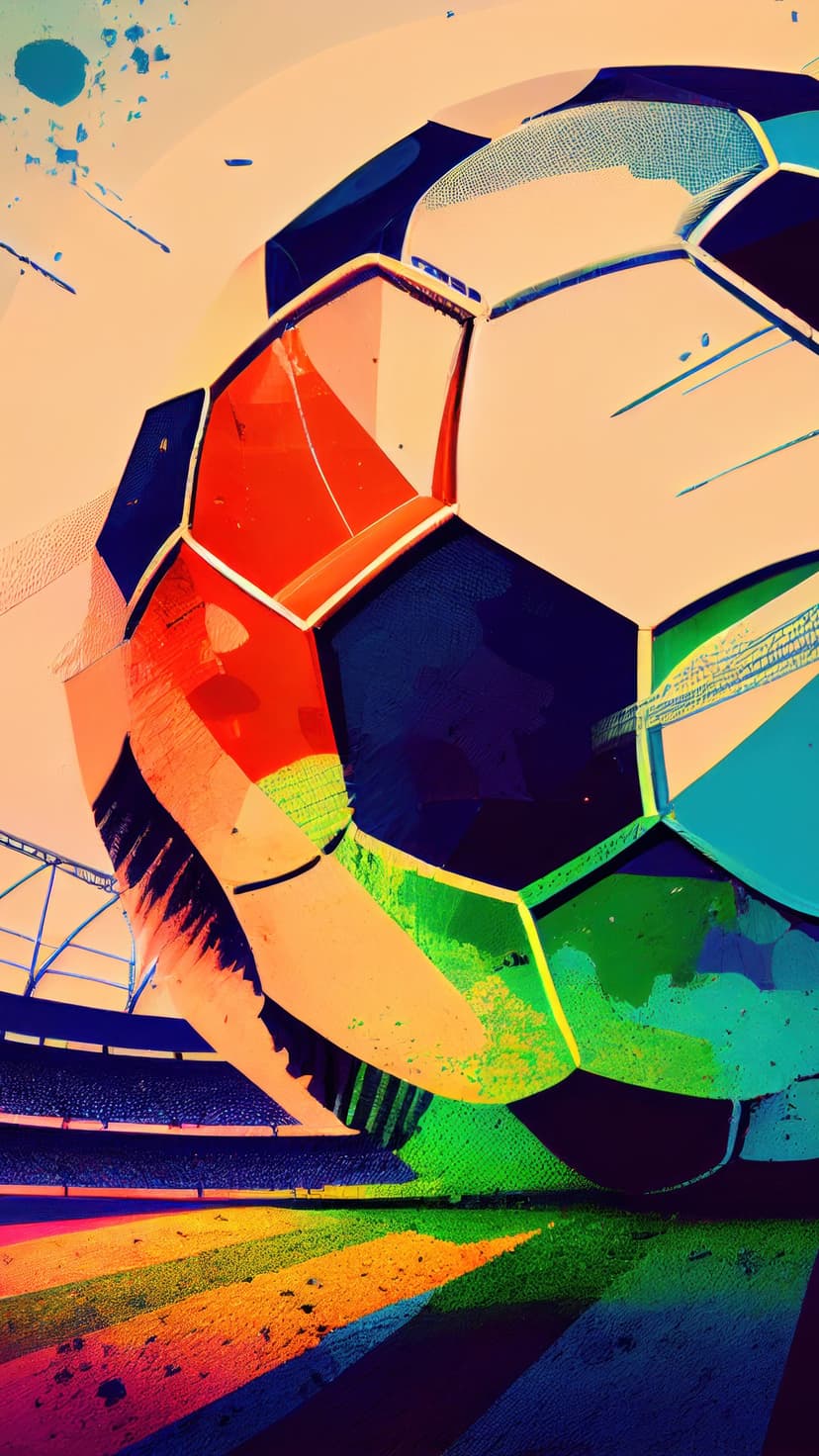 Multi-colored soccer ball with thick paint textures sits on a rainbow-lit field inside a vibrant sports stadium.
