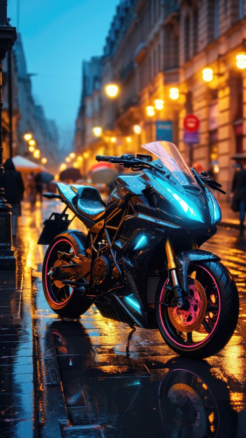 Futuristic black motorcycle with blue neon accents sits on wet cobblestones in Paris under night streetlights.