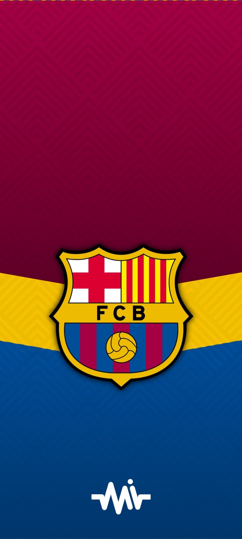 FC Barcelona club crest centered over vertical maroon and blue stripes with a yellow soccer ball at the bottom.