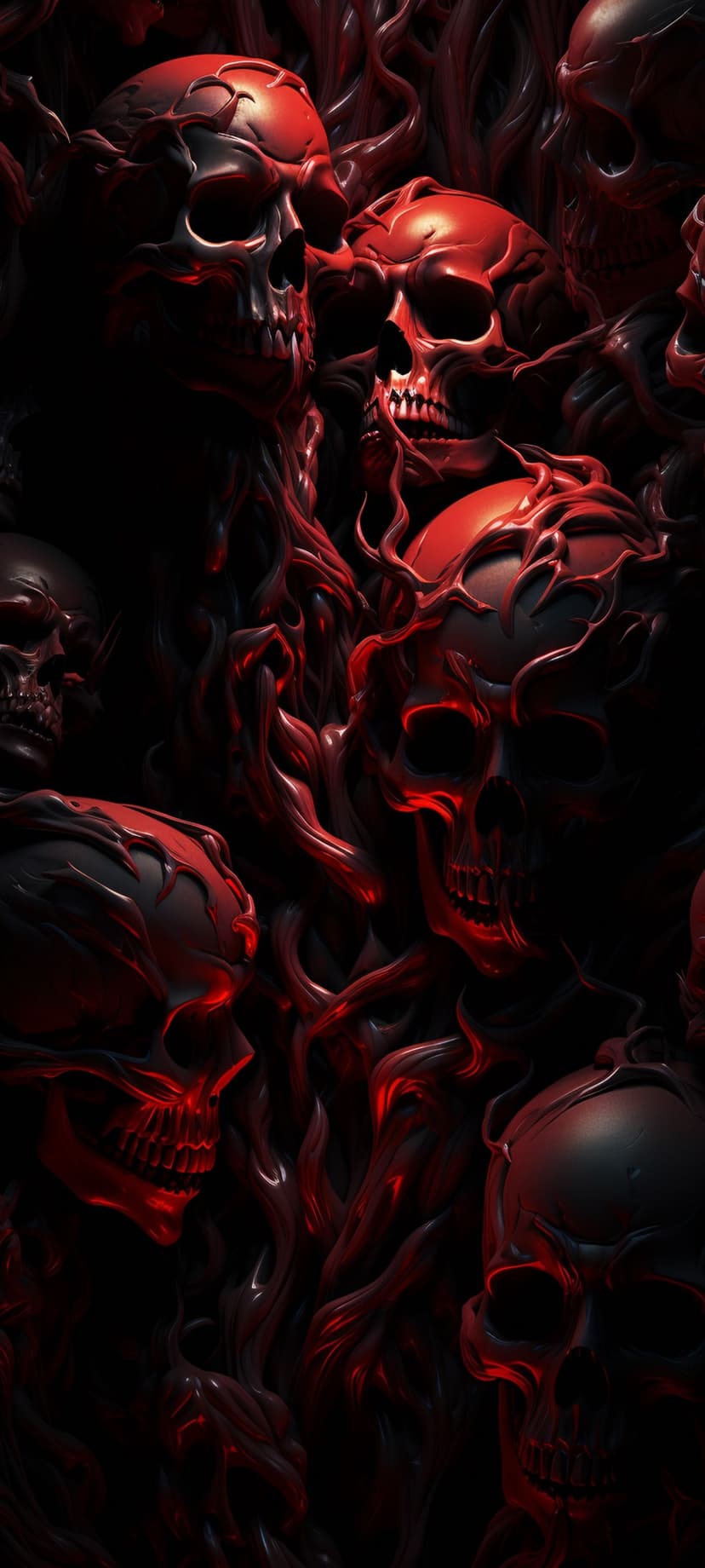 Blood-red skulls with glistening surfaces emerge from a dark organic texture under high-contrast lighting.