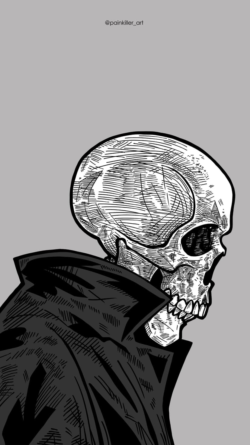 Human skull wearing a dark tattered cloak with intricate ink line work and heavy shadows in a vertical layout.