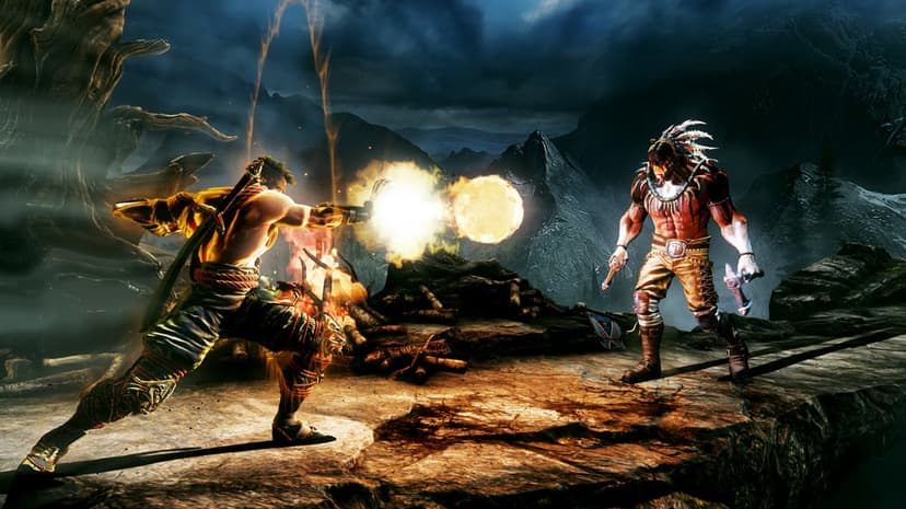 Jago fires a glowing golden fireball at Thunder atop a jagged mountain cliff under a dark and stormy night sky.