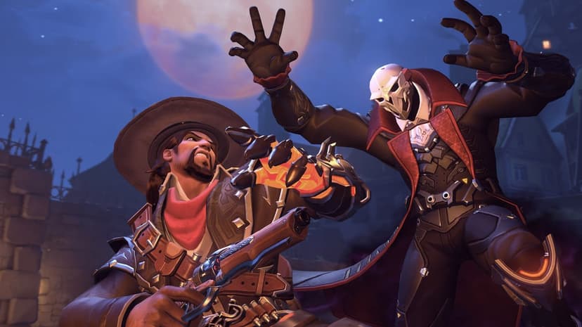 Van Helsing McCree faces off against Dracula Reaper under a large orange moon in a gothic night scene.