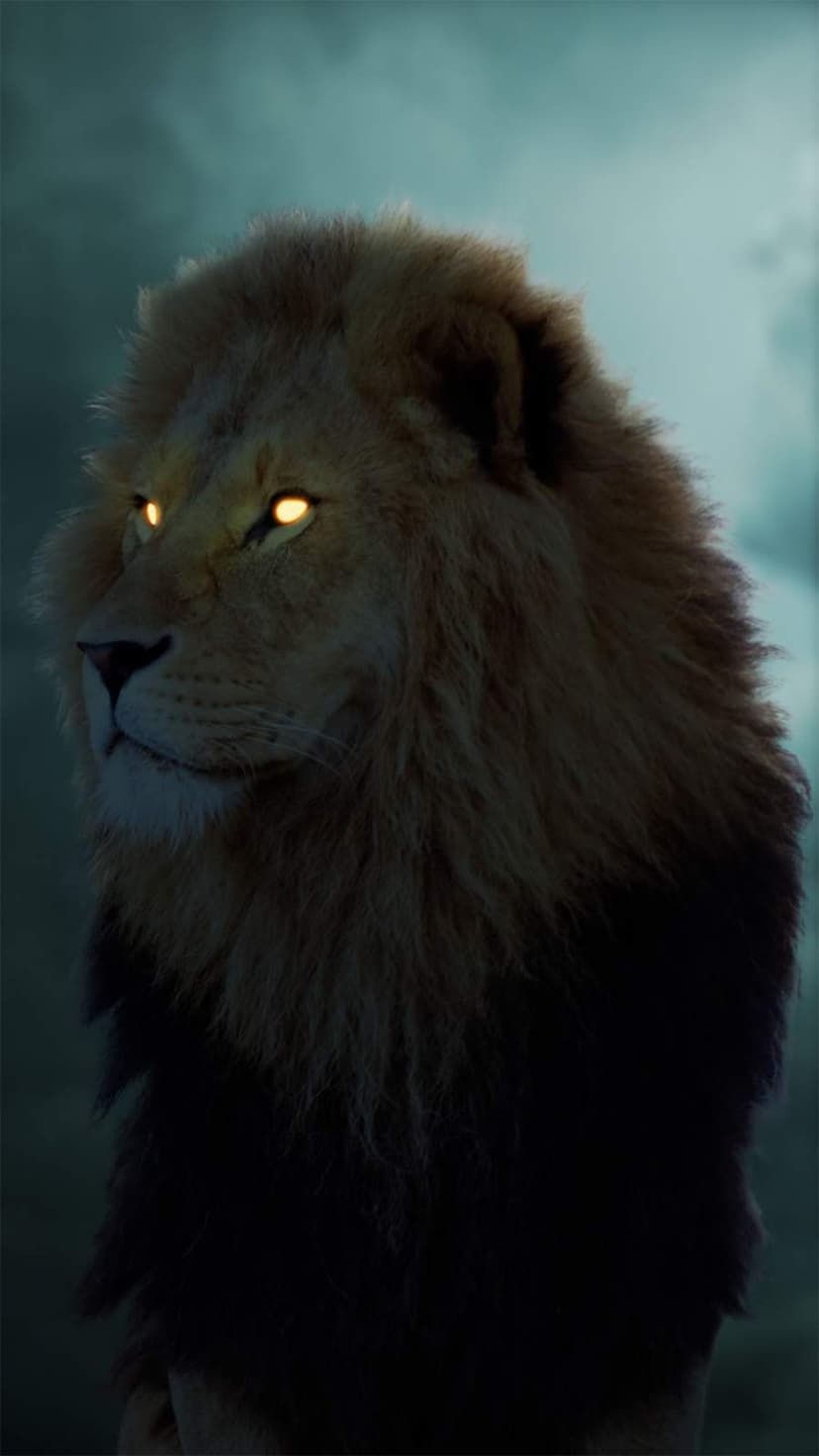 Lion with luminous golden eyes and a thick mane stares forward against a dark, stormy sky backdrop.