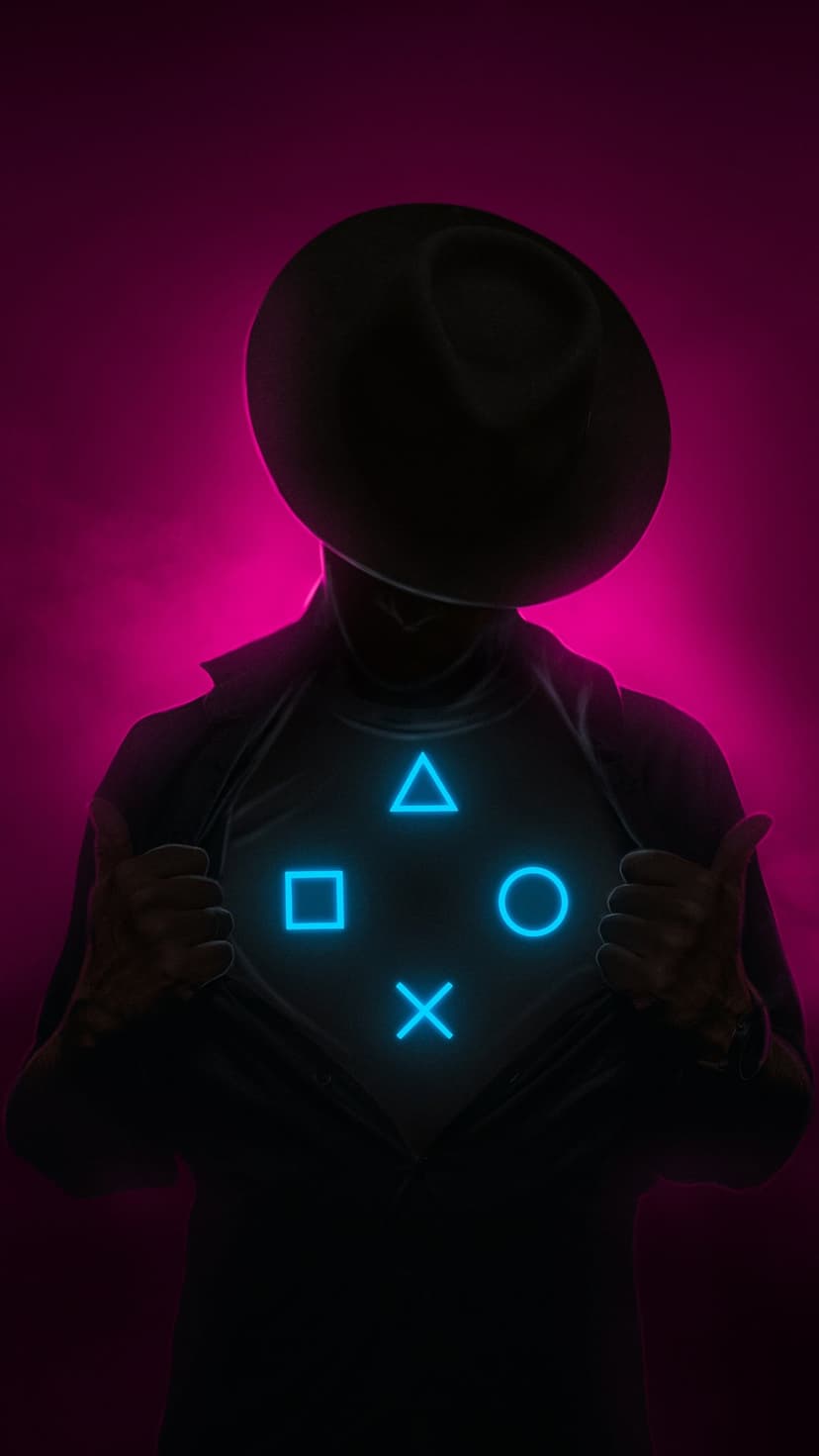 Man in a dark fedora revealing glowing neon controller symbols on his chest against a violet background.