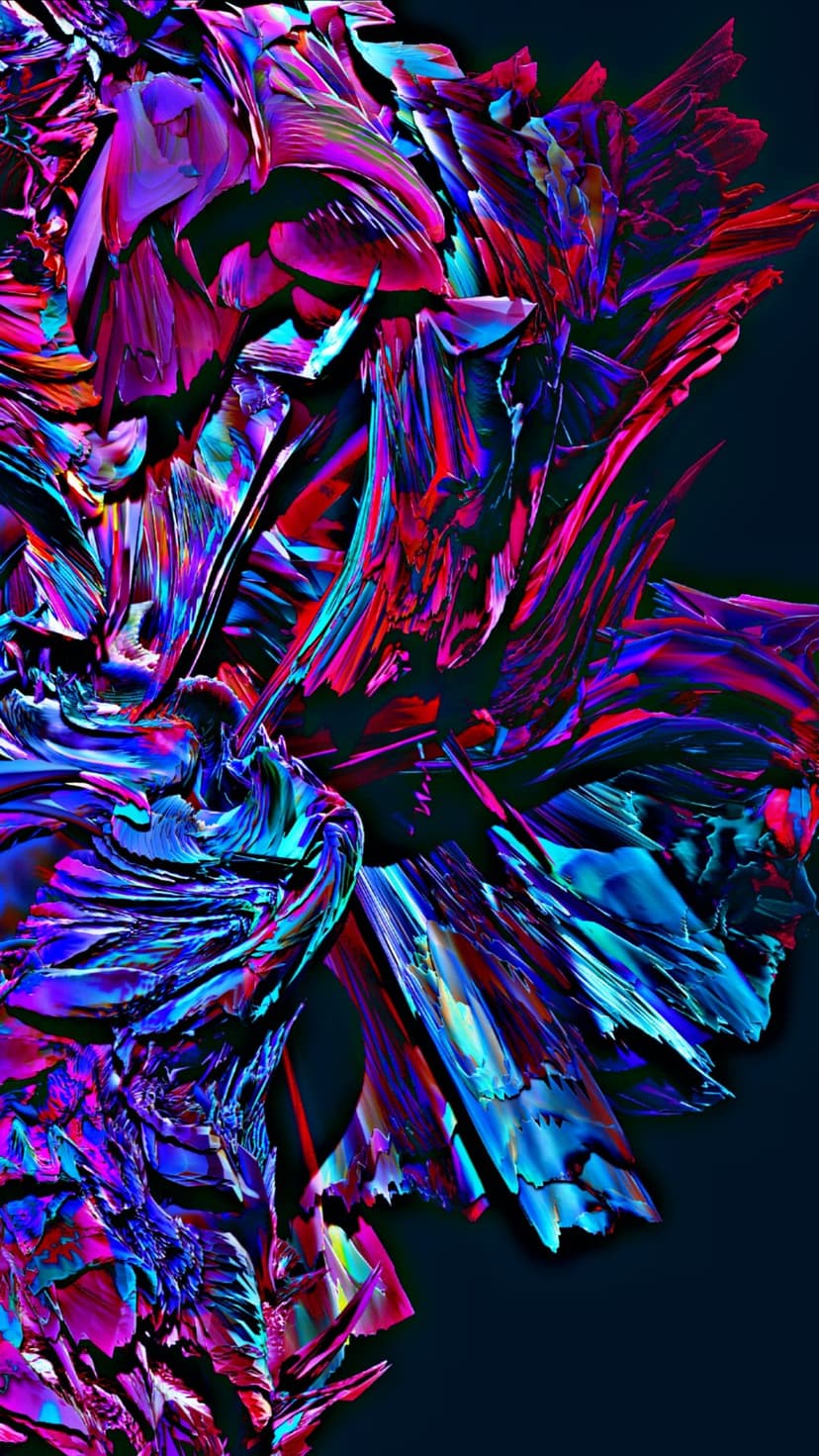 Prismatic crystal formations with electric blue and pink facets glow against a dark, shadowy background.