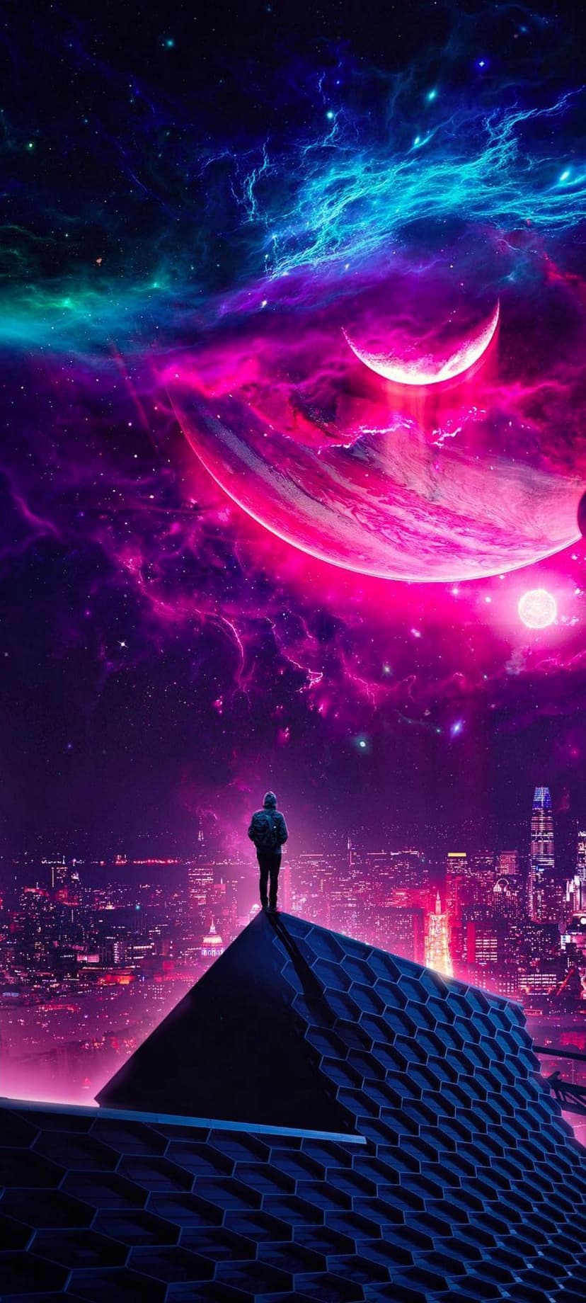 Astronaut in silhouette looks out from a skyscraper toward a vibrant pink nebula and glowing celestial planets.