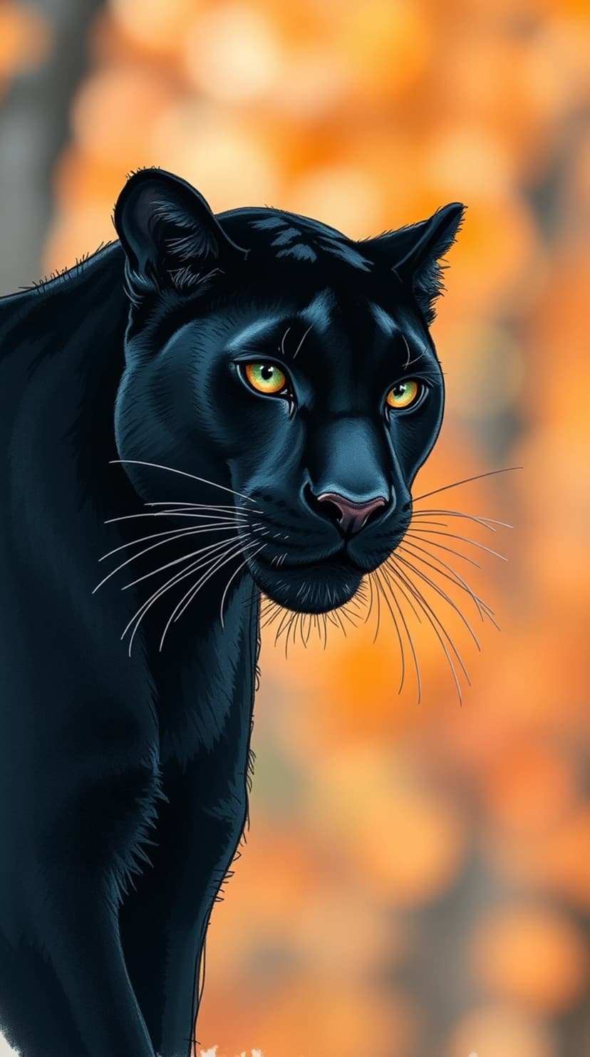 Black panther with golden eyes and white whiskers profiles against a blurred orange and yellow autumn background.