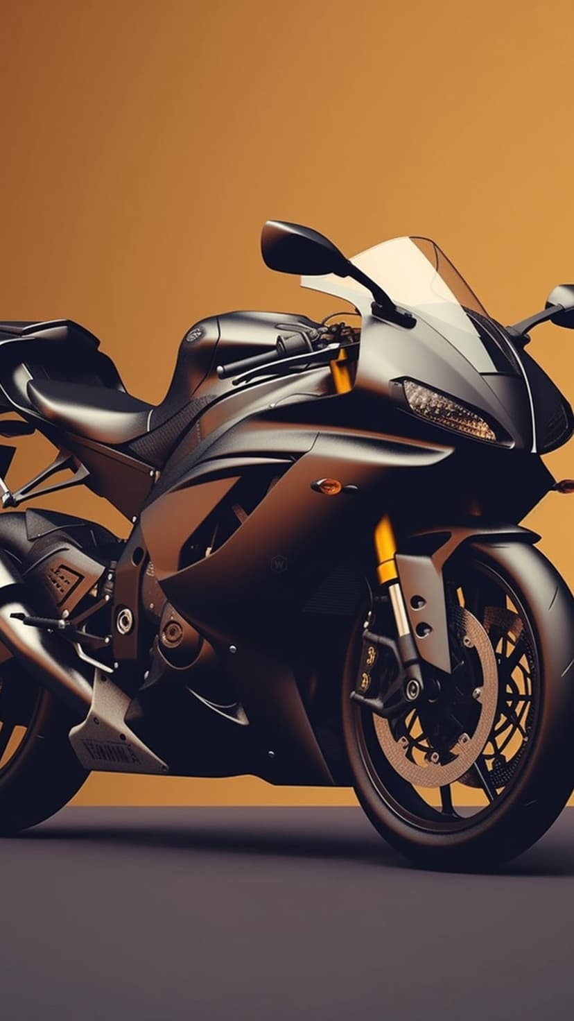 Black sportbike featuring yellow suspension and disc brakes positioned against a warm orange gradient backdrop.