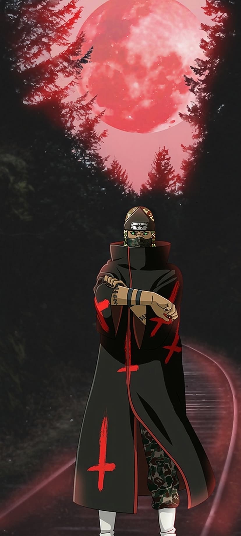 Akatsuki shinobi wearing a black cloak stands in a dark pine forest beneath a massive red full moon.