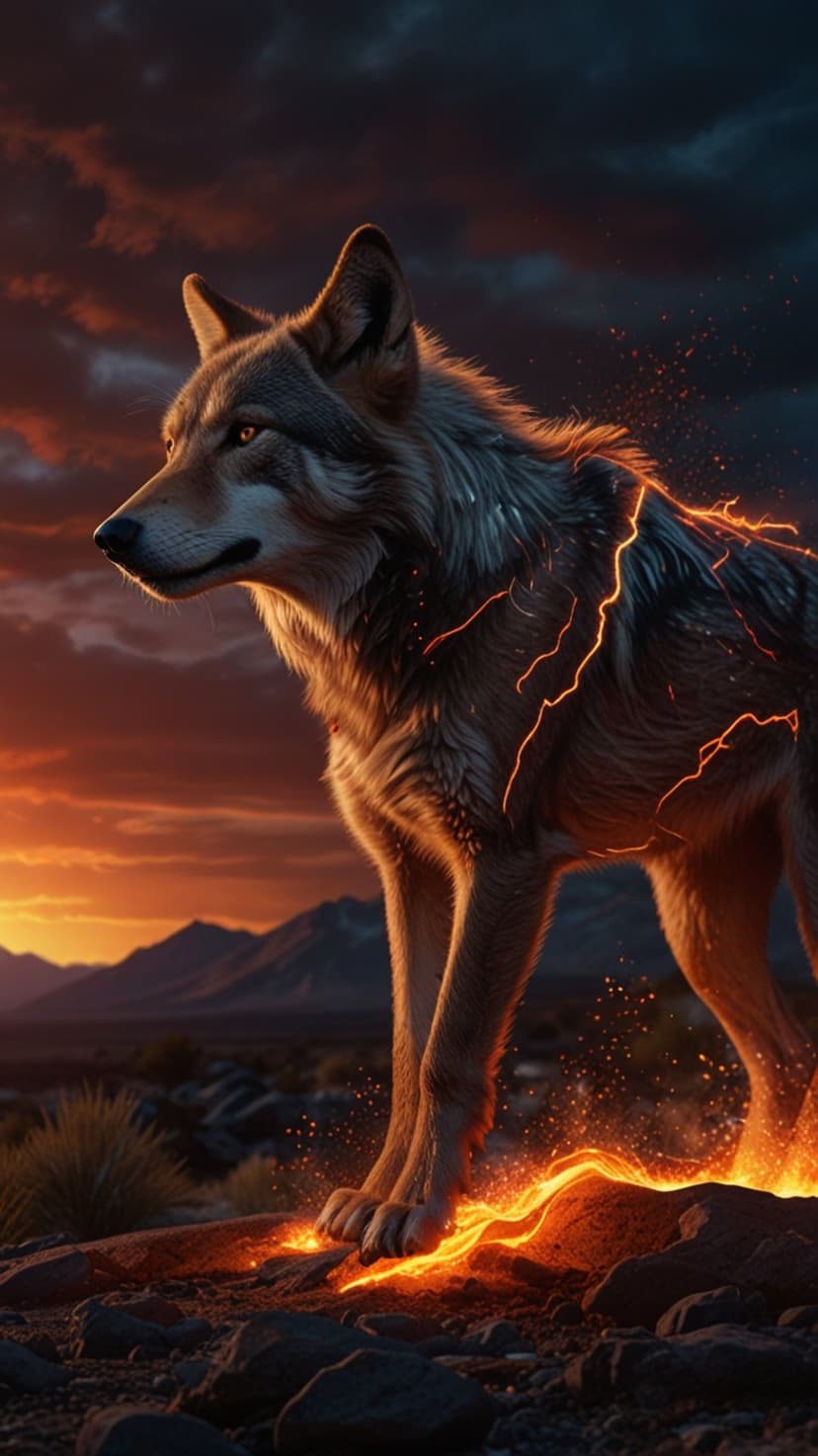 Wolf standing on rocks with orange flames flickering from its fur under a dramatic sunset and dark storm clouds.