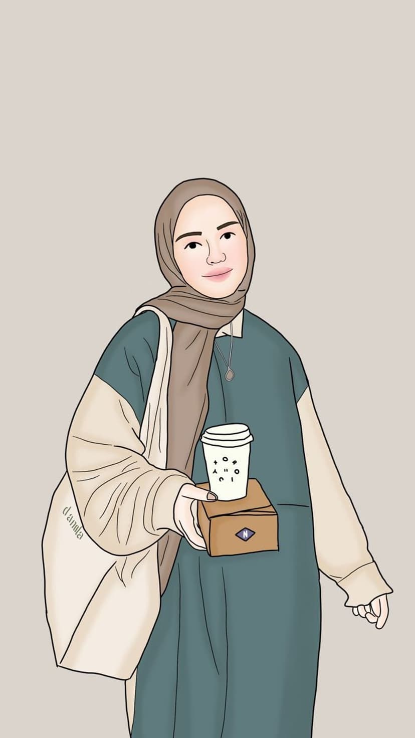 Muslim woman wearing a soft pink hijab and beige coat holding a disposable coffee cup against a neutral background.