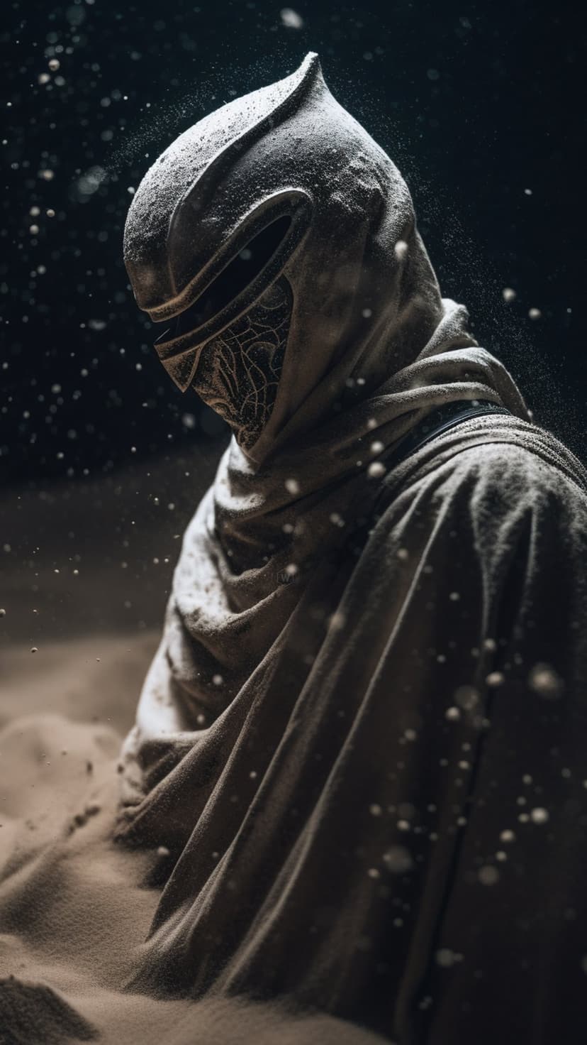 Hooded warrior wearing an intricate metal mask braves a thick sandstorm within a dark, cinematic landscape.