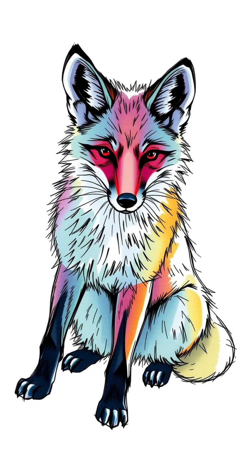Fox with rainbow fur and red eyes sitting on a white background with sharp black outlines and bold colors.
