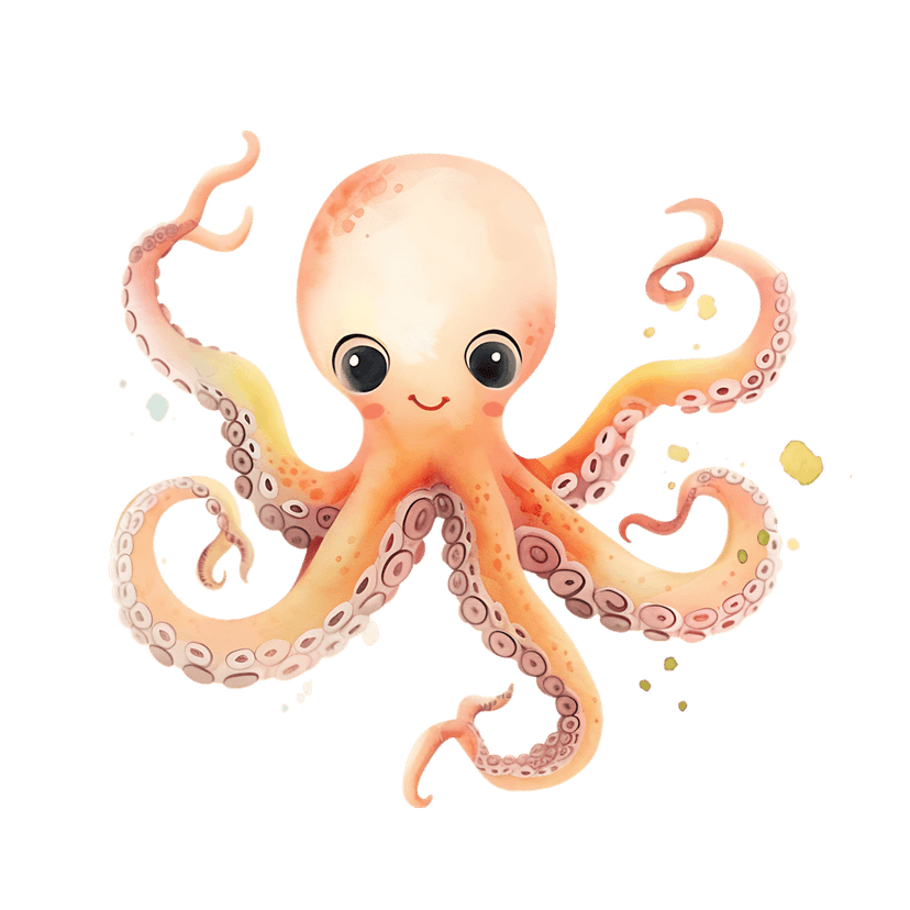 Watercolor octopus illustration with pink suction cups and soft paint splatters against a dark background.