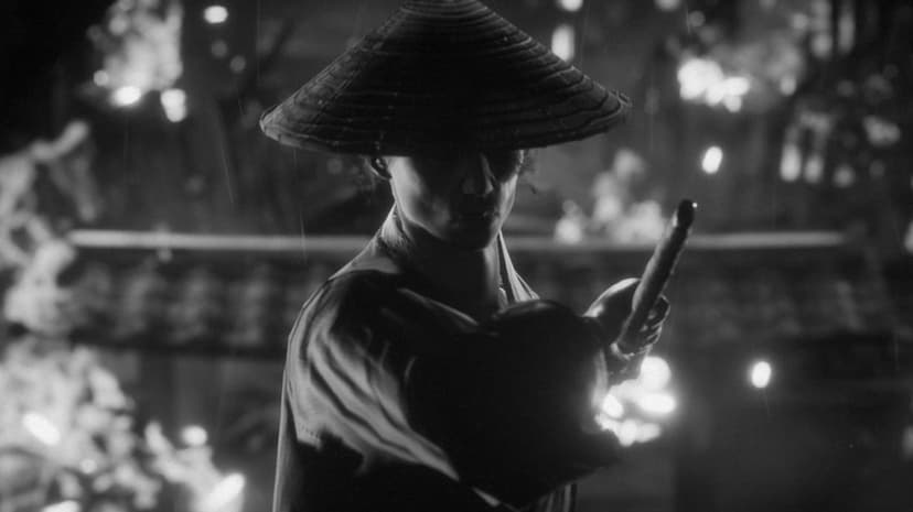 Samurai warrior in a conical hat holds a katana against a rainy background with soft bokeh lights.