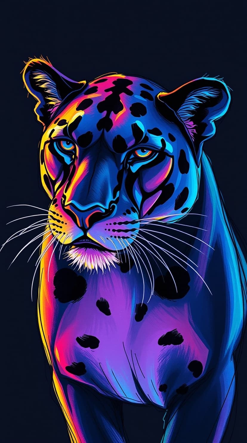 Neon leopard face with glowing blue and violet fur patterns against a dark background for mobile screens.