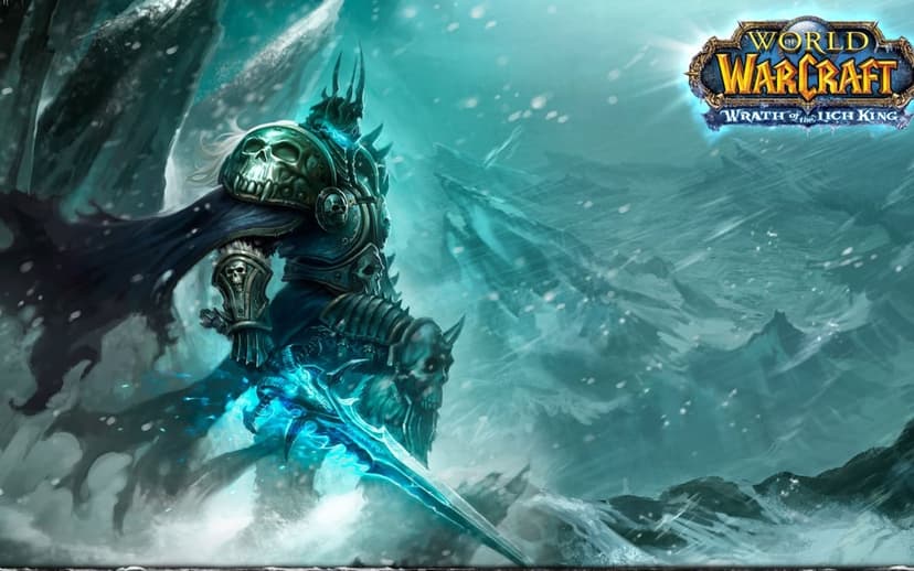 The Lich King Arthas in skull armor holding a glowing blue sword in a snowy, mountainous landscape.
