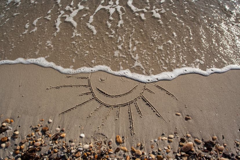 Smiling sun drawing in wet sand being washed over by white sea foam and gentle waves on a pebble-strewn beach.