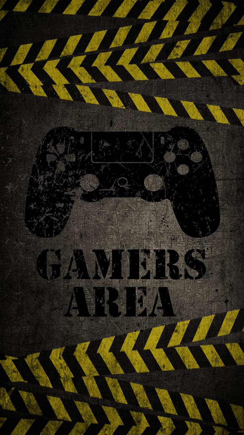 Distressed game controller silhouette between yellow hazard stripes on a dark textured phone background.