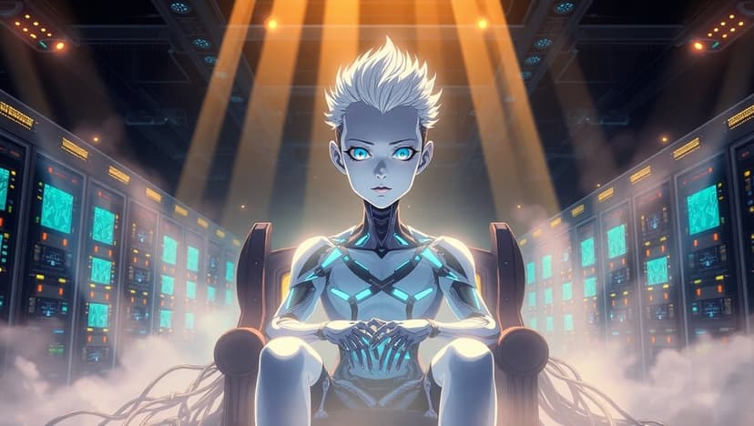 Android boy with glowing blue eyes and metallic body sits in a chair inside a foggy, high-tech server facility.