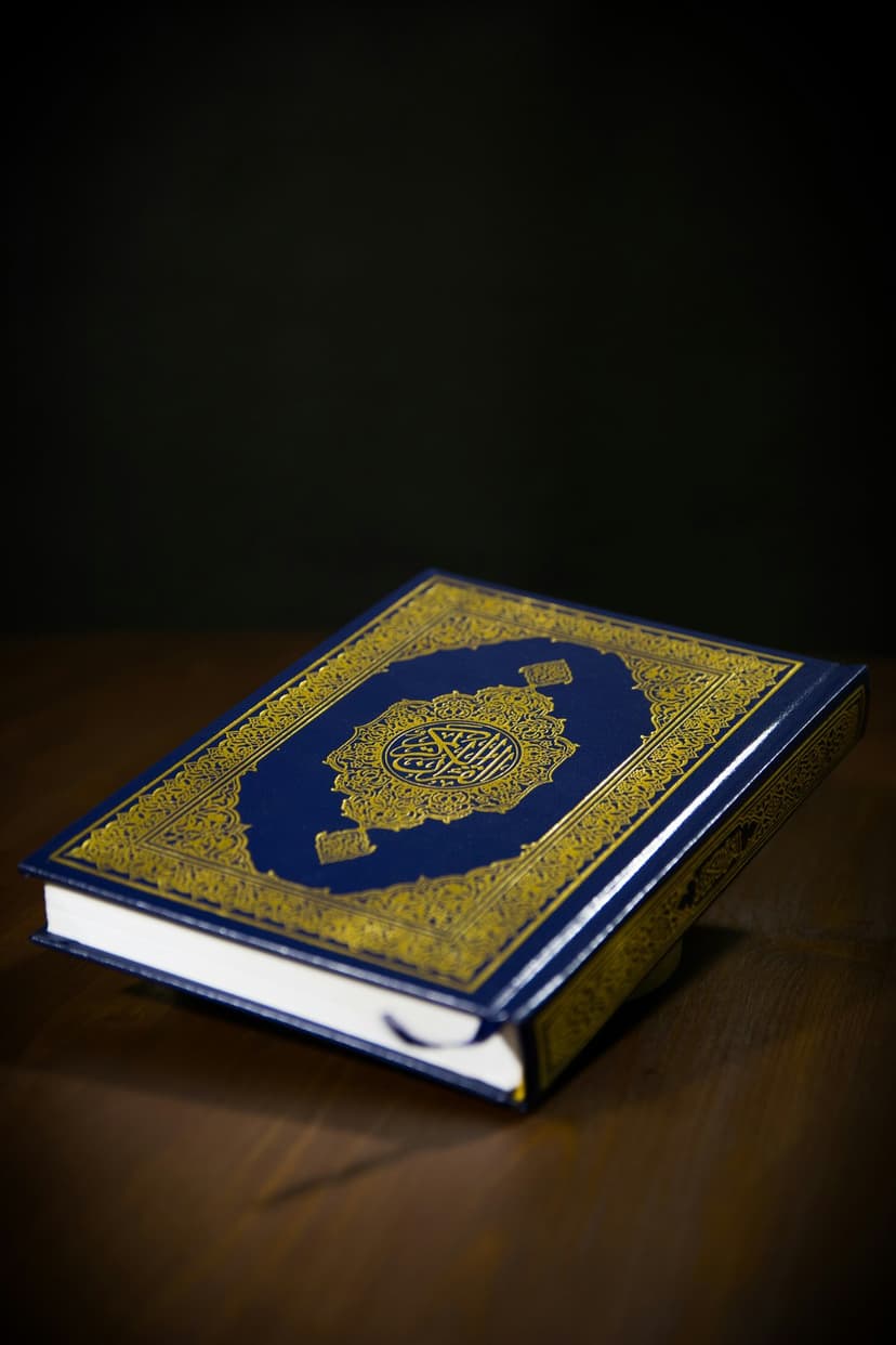 Ornate blue Quran with gold Arabic calligraphy sits on a polished dark wood table under soft light.
