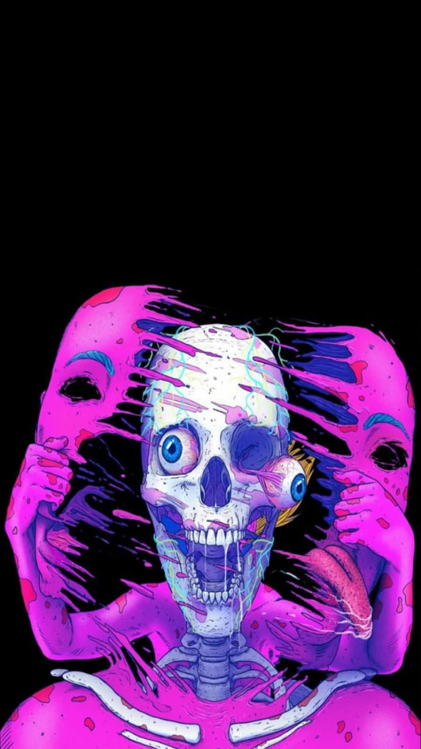 Human skull with multiple bulging eyeballs emerges from melting pink masks against a dark, shadowy background.