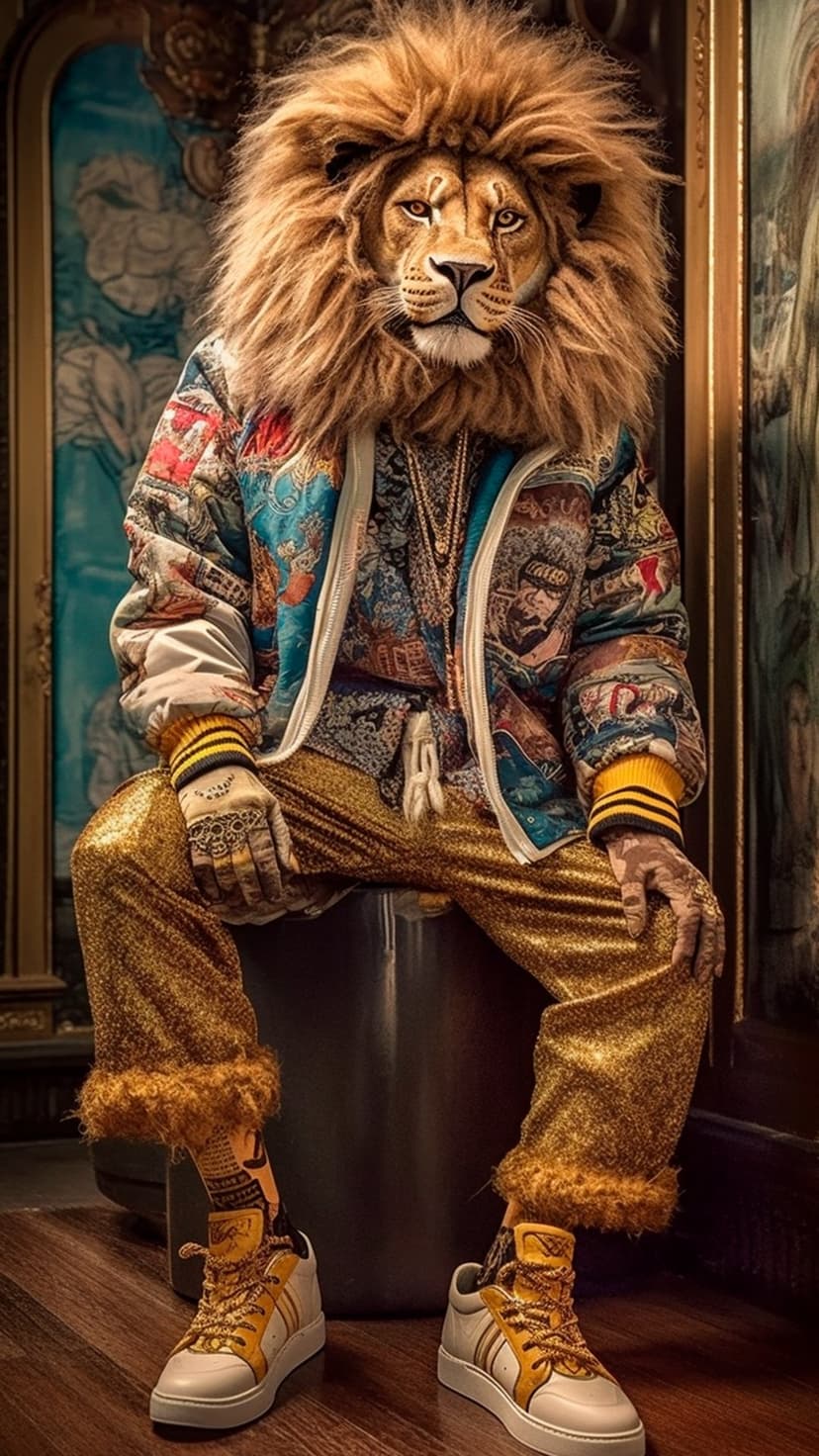 Anthropomorphic lion wearing a patterned jacket, gold pants, and sneakers with heavy gold chain necklaces.
