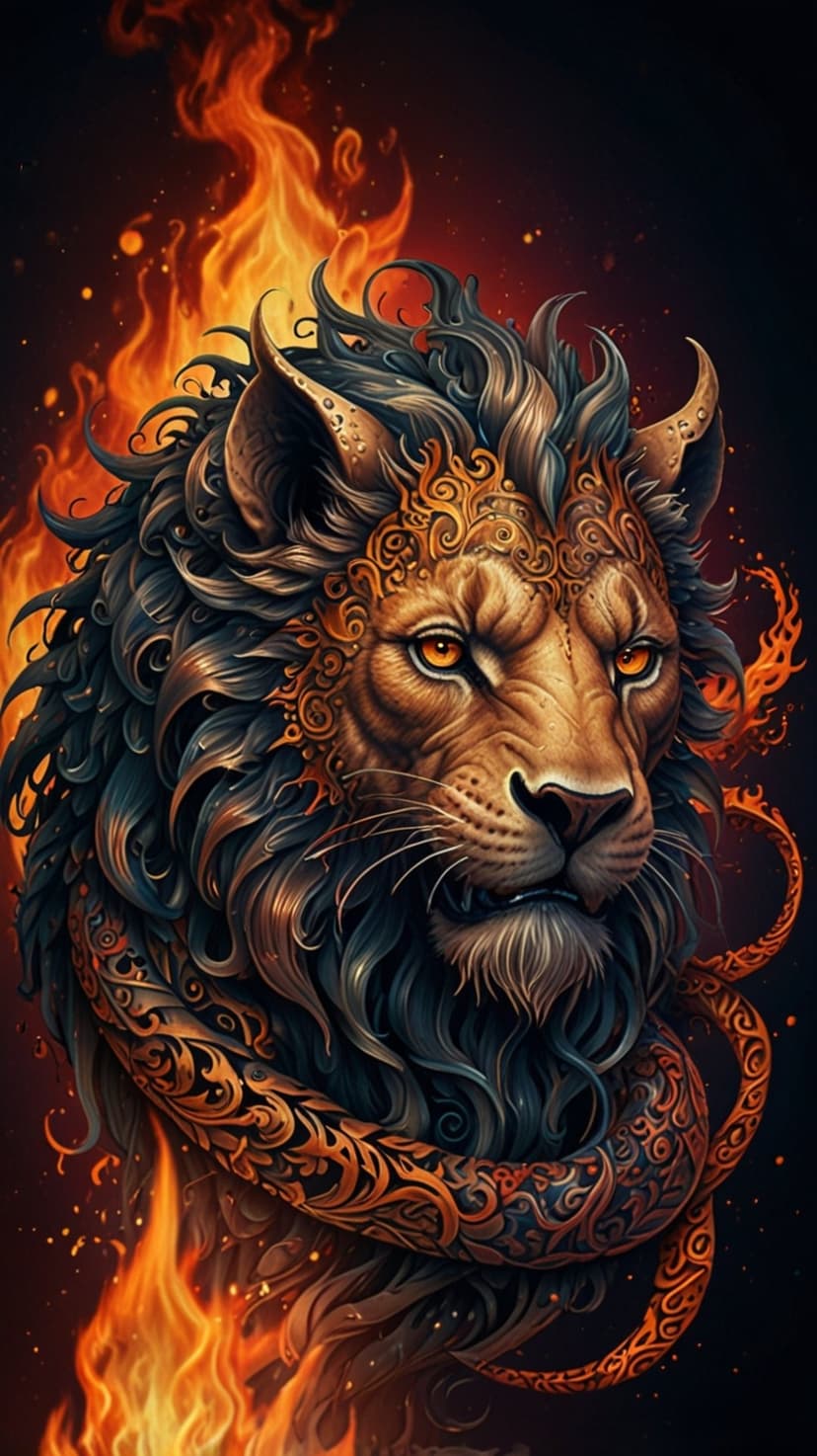 Lion wearing an ornate golden headdress with a coiled snake amidst glowing orange fire and embers.