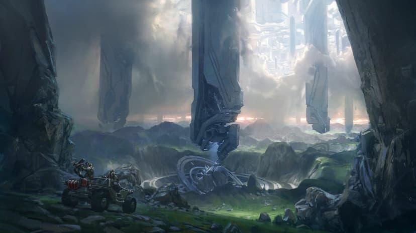 Soldiers in a military scout vehicle overlook a valley with massive floating sci-fi pillars and cloud cover.