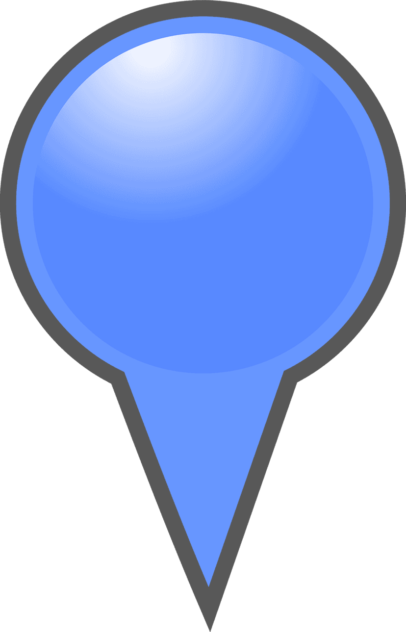 Blue location pin icon with glossy 3D texture and reflective surface isolated on a transparent background.
