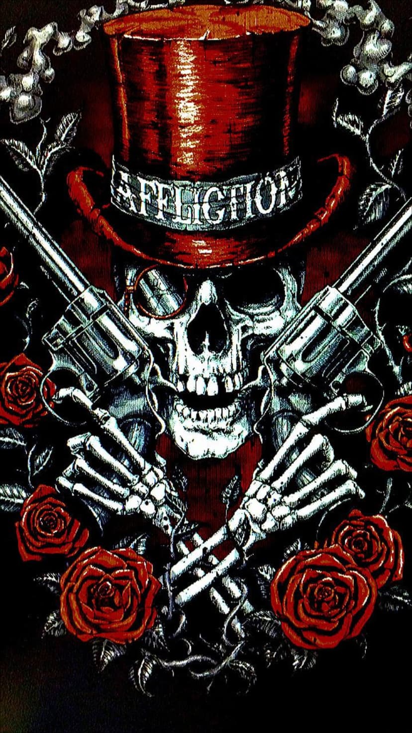 Skull wearing a red top hat while holding two revolvers surrounded by deep crimson roses and thorny vines.