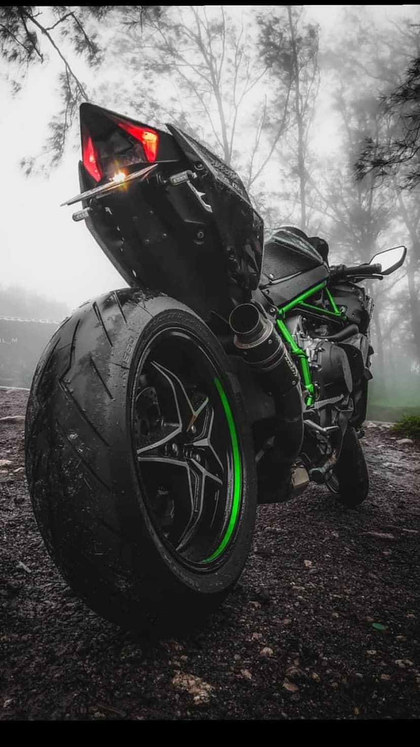 Kawasaki Ninja H2R motorcycle with a green frame on a wet gravel path inside a misty and dark forest setting.