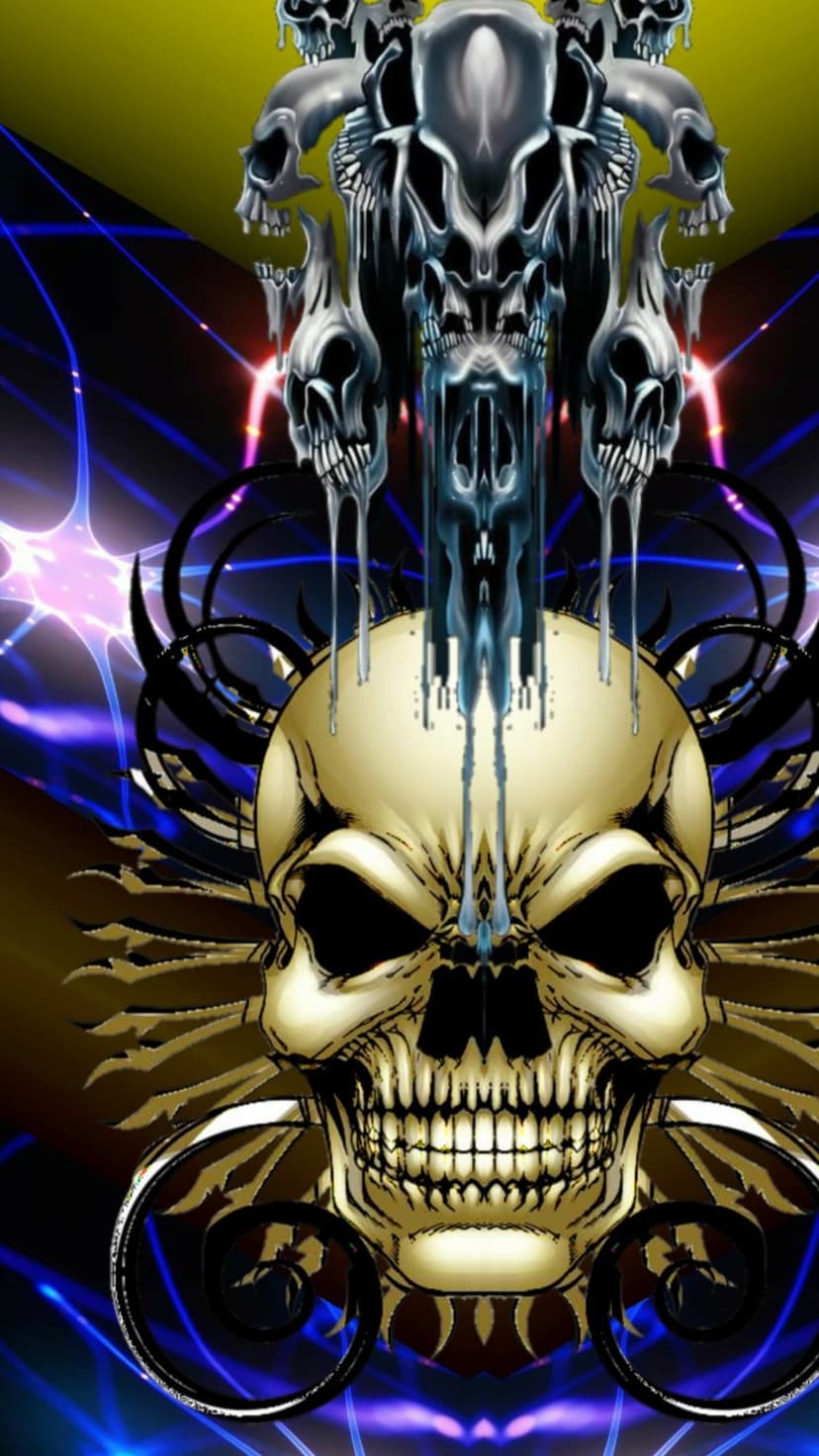 Metallic skull surrounded by melting bone fragments amidst glowing violet and electric blue abstract light rays.