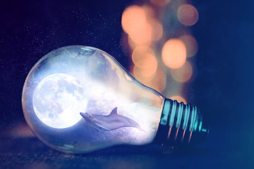 Dolphin swimming inside a glass light bulb next to a glowing moon against a dark blurred bokeh background.