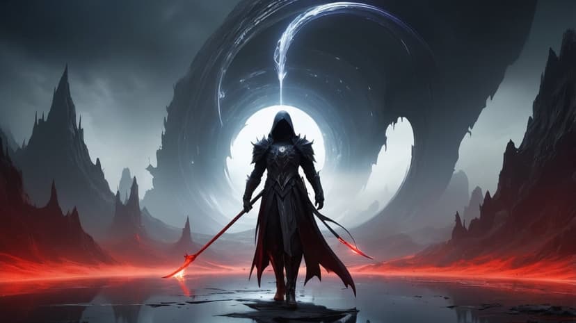 Hooded warrior in dark armor faces a glowing circular cosmic portal amidst red mist and jagged black mountains.
